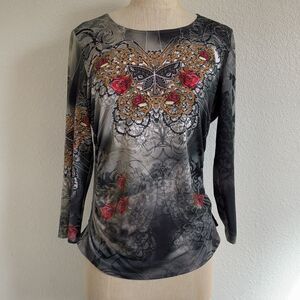 IQ Paris y2k butterfly graphic side rouched blouse